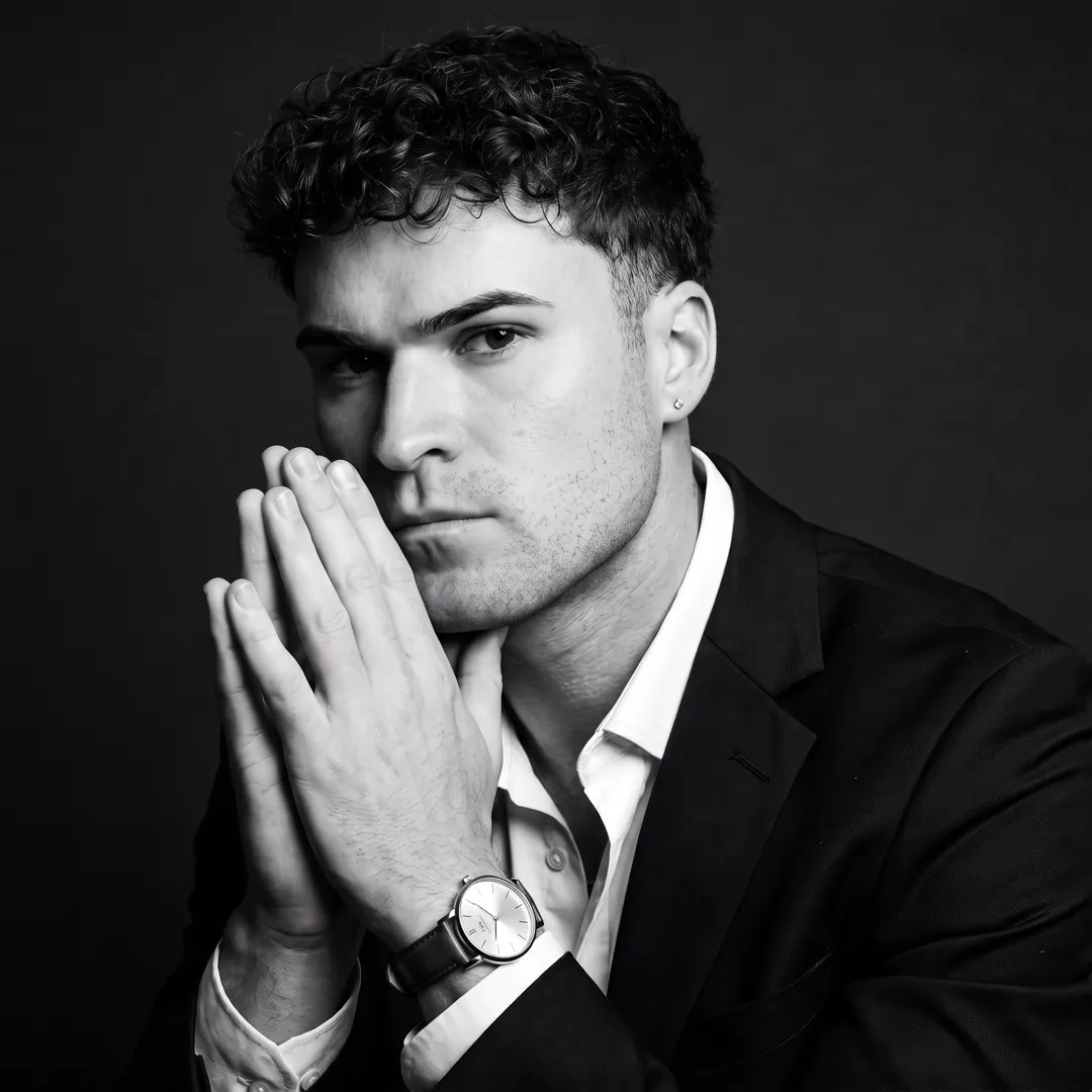 Ethan Kinder, black and white portrait