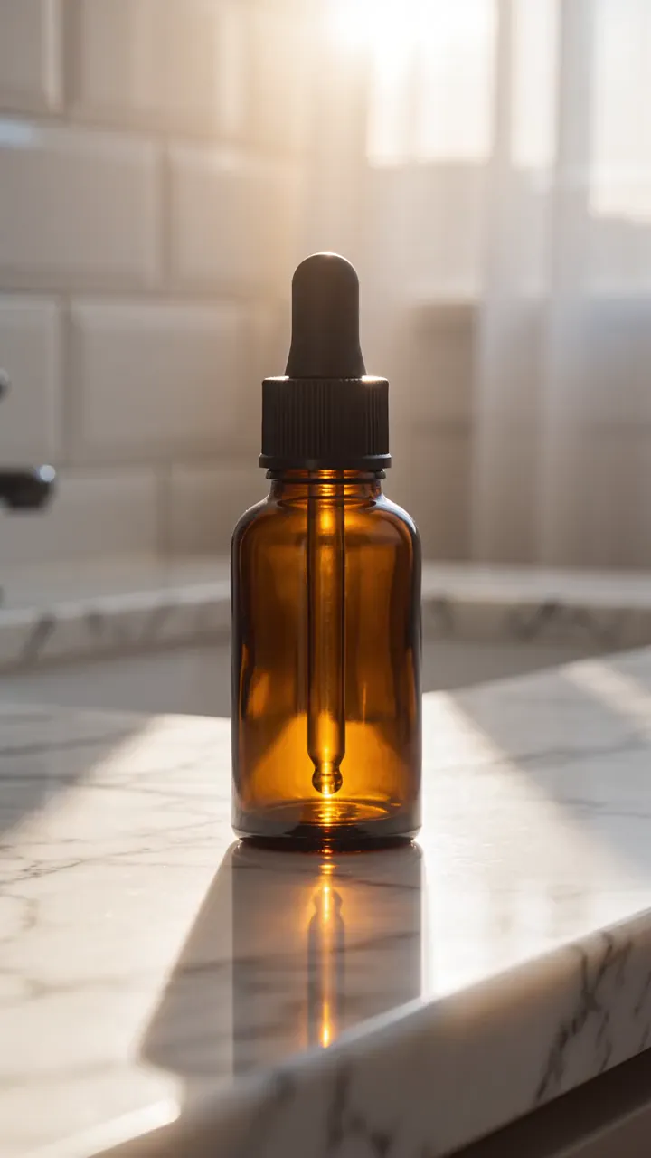 NOCT clip: amber bottle on a marble counter in morning sun