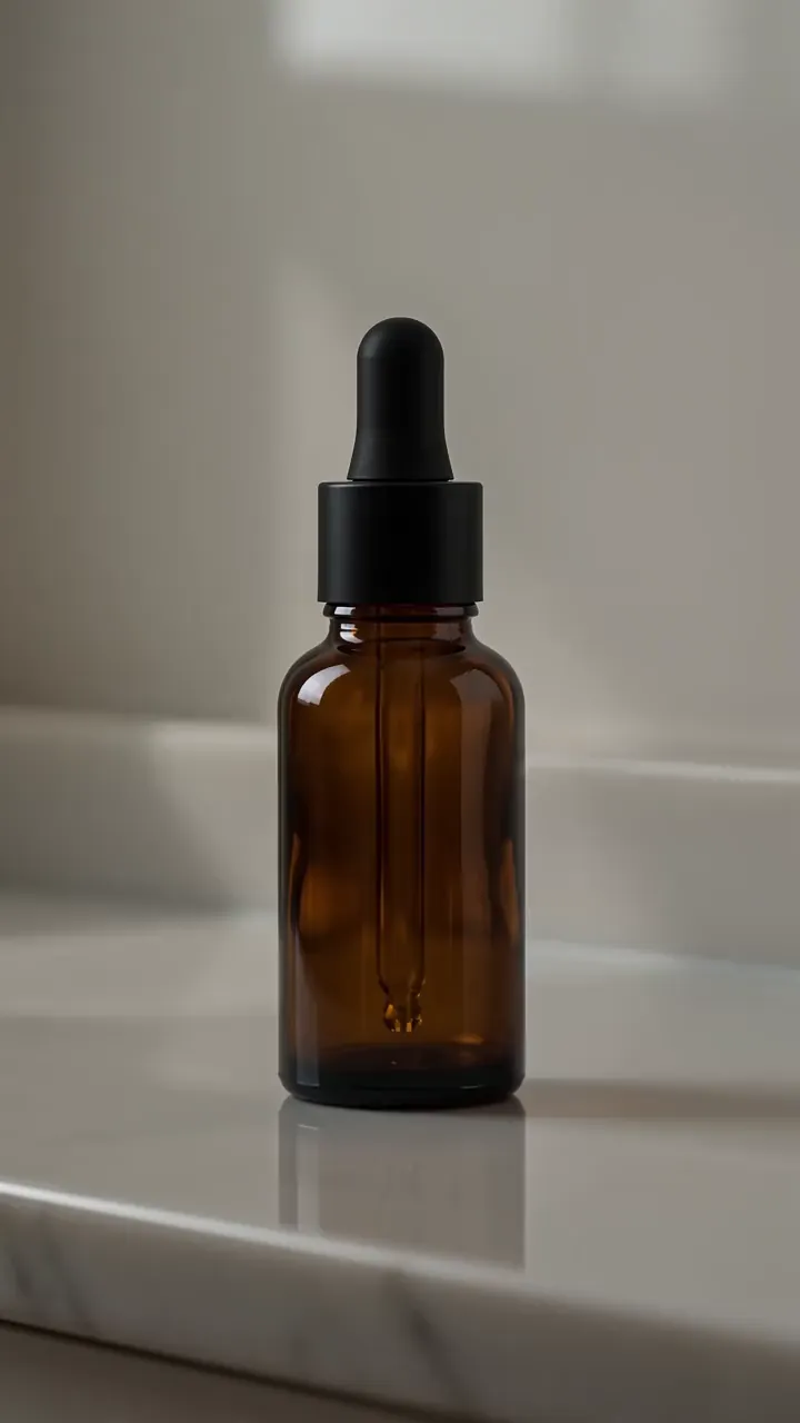 NOCT clip: amber bottle alone on a white counter in morning light