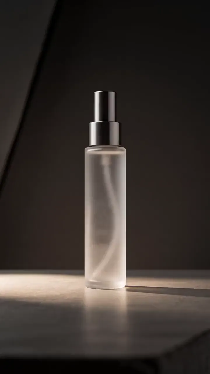 PLUME clip: frosted bottle in window light on a bedside table