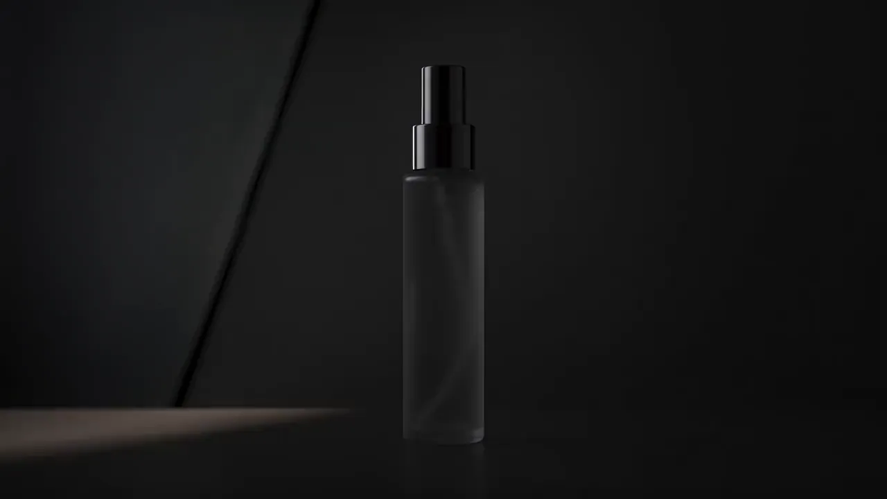 PLUME clip: frosted bottle turning on a dark set as the light arrives, wide