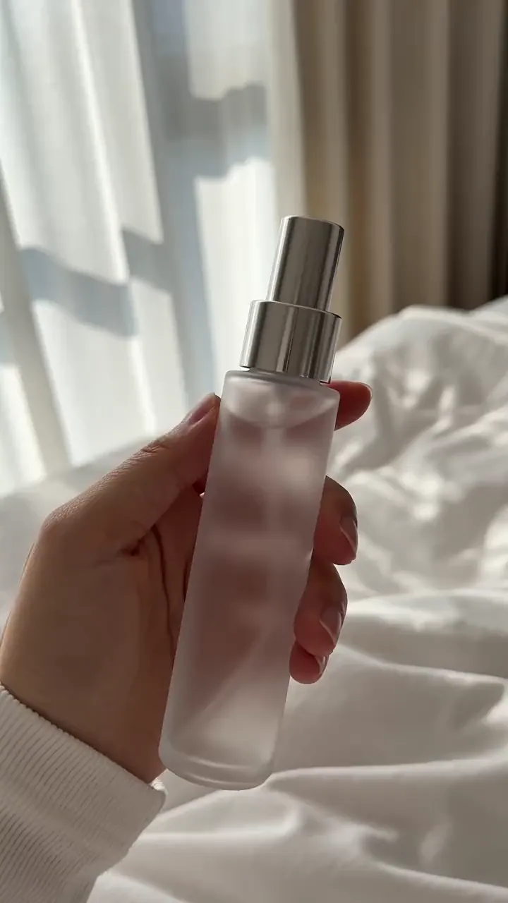 PLUME clip: hand holding the bottle on white linen