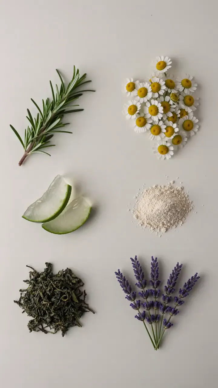 PLUME clip: flat lay of rosemary, chamomile, aloe and lavender on bone